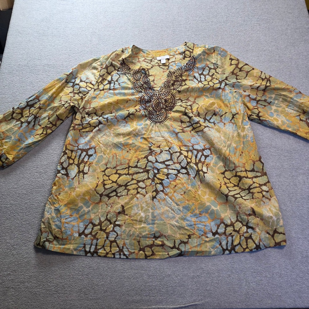 Charter Club Woman Cotton Tunic Blouse 3X Embroidered V-Neck Multicolor Plus